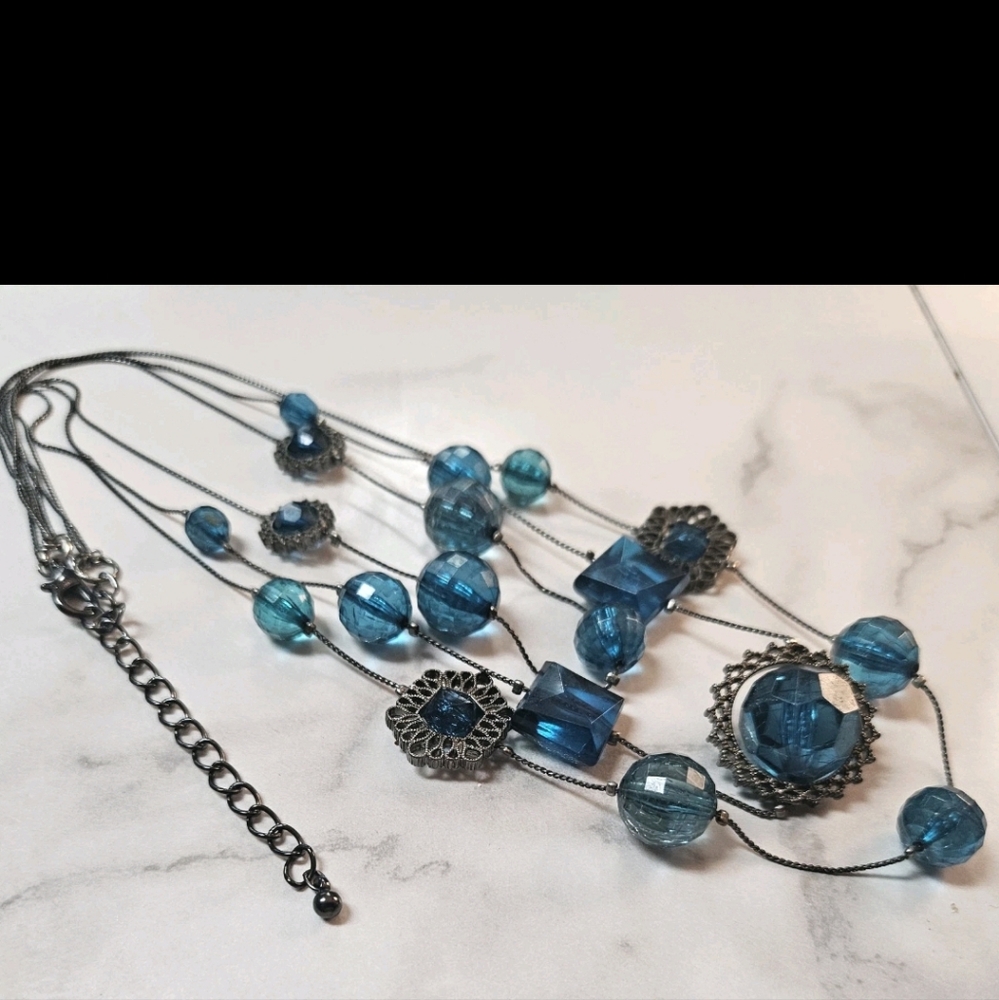 Multi-strand Blue Glass Metal Filigree Plastic Faceted Beads Squares Necklace